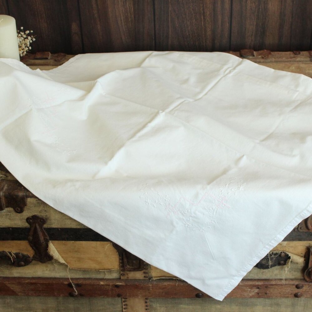 Vintage Antique Victorian Pillow Case, 28" Square Euro Sham,White Cotton Pink